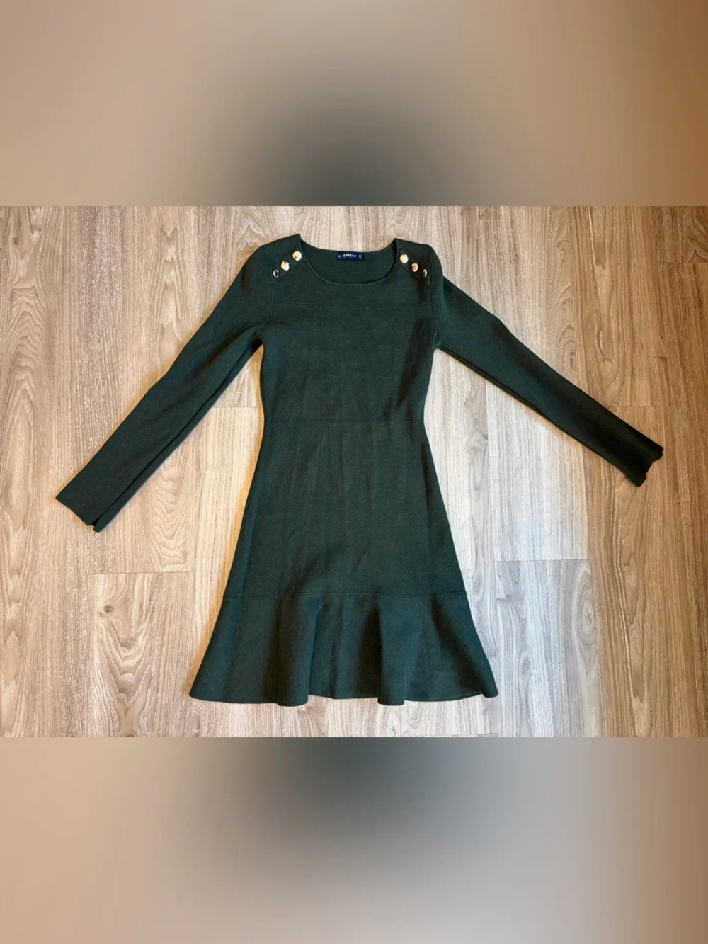 Zara Knit Dark Green Long Sleeve Dress with Gold Buttons Size L - Picture 11 of 12